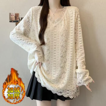 Yusenyi inner layering shirt for women, new 2025 winter and autumn v-neck lace splicing, mid-length, belly-covering, slimming, long-sleeved top, apricot plus velvet m, recommended within 120 pounds