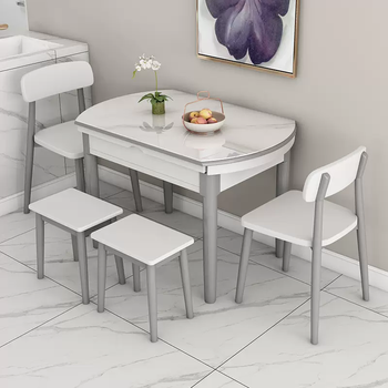 Yusenyi bright slate dining table small apartment retractable modern simple light luxury multi-functional folding solid wood household round dining table 1.05 meters retractable table-2 solid wood ganoderma lucidum chairs-2 boards gray and white