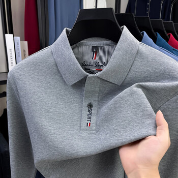 Joeone men's long-sleeved t-shirt lapel middle-aged pure cotton casual polo shirt business casual autumn men's top gray m 165