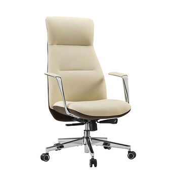 Fantasy chair, executive chair, president chair, study computer chair, office chair, off-white contact surface genuine leather, fixed armrests, steel feet