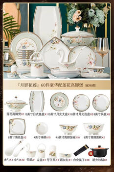 Jingyun cat jingdezhen 2024 high-looking bowls and dishes set household chinese tableware set ceramic bone china bowls and chopsticks housewarming moon shadow hualien 60 pieces luxury with lotus high-legged pot microwaveable and dishwasher