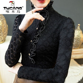 Woodpecker (tucano) velvet thickened lace shirt women's autumn and winter new fashionable high collar bottoming shirt french versatile slim shirt trendy black thin section m 95-105 jin