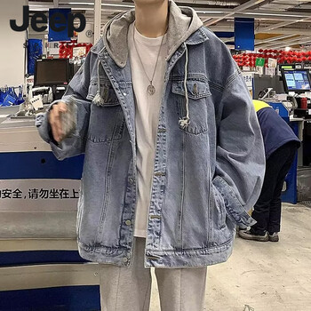 Jeep spirit denim jacket men's spring american fashion brand loose hooded simple solid color hong kong style casual and handsome workwear blue (hooded style) m