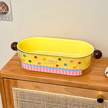 Yusenyi double-layered sink basin for kitchen and living room fruit plate 2-in-1 thickened divided storage box yellow pink polka dot sticker