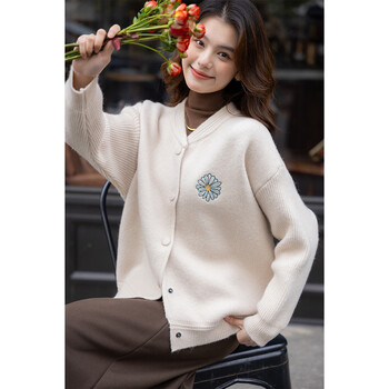 Ives (itisf4) garden adventure lazy college style sweater autumn versatile loose embroidered daisy cardigan jacket apricot one size