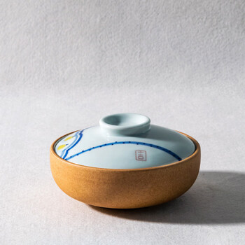 Sjbob japan imported quality baby steamed egg stew pot, steamed egg custard bowl, ceramic bird's nest stew pot with lid, blue and white short stew pot (small size)_capacity 300ml