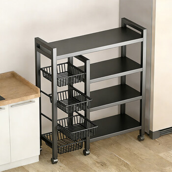 Wing fantasy 2025 new kitchen rack floor-standing multi-layer pot rack microwave oven storage rack multi-functional fruit and vegetable basket black 50cm two nets and one plate thickened full carbon steel stable and smooth