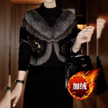 Autumn and winter imitation fur women's wear, brushed warm and velvet t-shirt, fashionable and versatile bottoming shirt for middle-aged and elderly mothers, black 6xl 6xl (recommended 150-165 pounds)