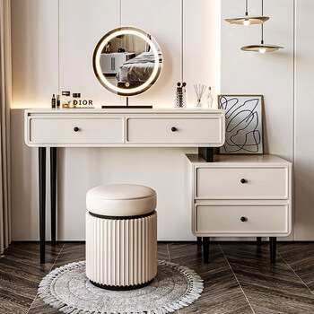 Pupan cream style dressing table bedroom modern simple small apartment bedside table dressing table one light luxury small dressing table 0.8 meter dressing table + two drawer cabinet + led round mirror + round stool