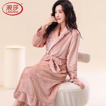 Langsha nightgown women's winter coral velvet long bathrobe flannel thickened velvet sexy bridal dressing robe autumn and winter pajamas soft mist pink lace robe 2xl 140-160 catties