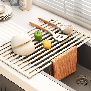 Pupan 304 stainless steel kitchen drain rack foldable sink drain basket sink rack roller shutter silicone drain pad upgraded wide edge milk white 50x34.5cm three-fold 304 stainless steel drain