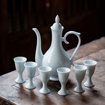 Sanqihu chinese-style ceramic wine pot, antique household half-pound wine set, wine divider, old-fashioned one-cup antique white wine cup, pink and green pot, 6 cups and half-pound