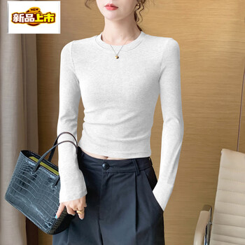 Chudiao gray short round neck bottoming shirt for women, spring and autumn new slim fit ribbed knitted long-sleeved high-waisted top, white slightly revealing, navel exposed style m (85-96 pounds)
