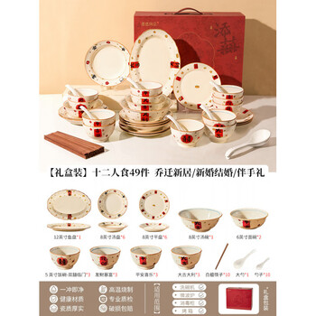 Tuojin imported high-quality chinese bowls and dishes set from japan, household bowls, plates and chopsticks for moving into a new home, 2025 new high-value ceramic gift box, 49 pieces for twelve people_moving into a new home_new year's souvenirs_new