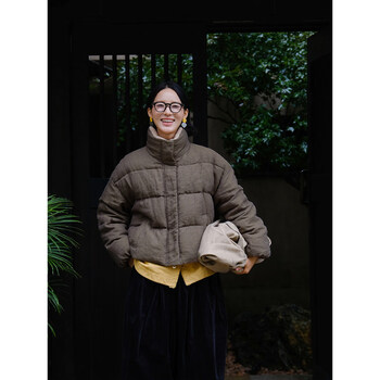 Malin hemp linen blended yarn-dyed twill 95 white duck down literary retro warm and fluffy short down jacket khaki gray s