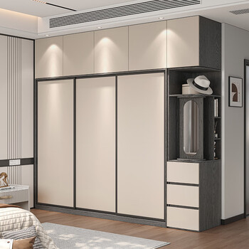 Yongsheng wardrobe bedroom household storage cabinet sliding door simple large wardrobe multi-functional small apartment rental wardrobe gray walnut cabinet khaki door 1.6 meters + 0.4 side cabinet + top cabinet/sliding door wardrobe 2.7 meters high