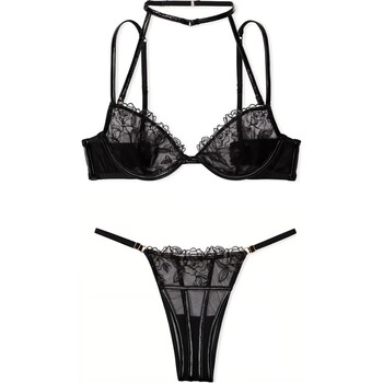 Victoria's secret embroidered rose patent leather soft ultra-thin halter neck bra underwear set women's black suit (black) m 34b+