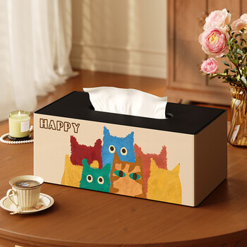 Fantasy cartoon paper box new tissue box living room coffee table remote control storage box high-level bedside storage box brown luo large leather model happy velvet cat a