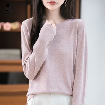 Playboy (playboy) new autumn sweater for women, bright silk round neck long-sleeved sweater, loose sweater, bottoming shirt, top, trendy official flagship leather pink xl 120-135 pounds