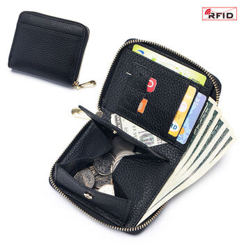 New genuine leather fashion multifunctional short wallet women's japanese niche coin bag card holder rfid large capacity black