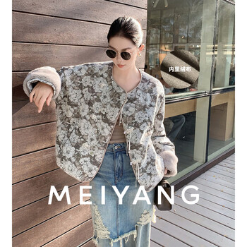 Meiyang hualu new chinese style goose down jacket 50+ tencel jacquard round neck detachable fur sleeves - tuesday brown gray l