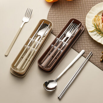 Xinchen japanese style 304 stainless steel chopsticks and spoon set cream style portable tableware storage box student spoon, fork and chopsticks three-piece set 304 steel-cream yellow spoon and chopsticks two-piece set