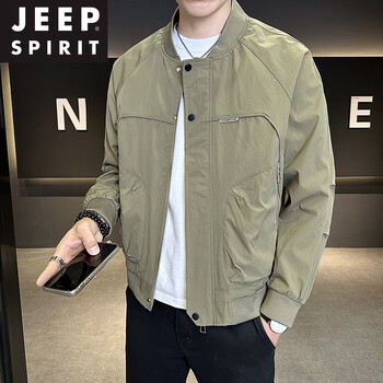 Jeep spirit men's baseball jacket spring and autumn fashionable versatile casual workwear cotton jacket men's trendy tops men's trendy khaki green l (120-140 pounds)