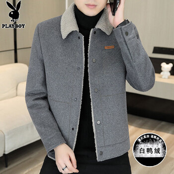 Playboy (playboy) winter korean version slim lamb wool lapel jacket men's winter new wool woolen short thickened men's jacket gray xl 130~150 catties