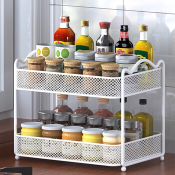 Wooden grid kitchen condiment storage rack household countertop multi-functional storage rack oil salt sauce vinegar rack seasoning jar storage box white medium size