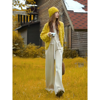 Sweater cardigan coat for women 2025 new lace inner top and bottoming shirt, great-looking autumn outfit, sweater + lace + apricot trousers three-piece set, one size xl