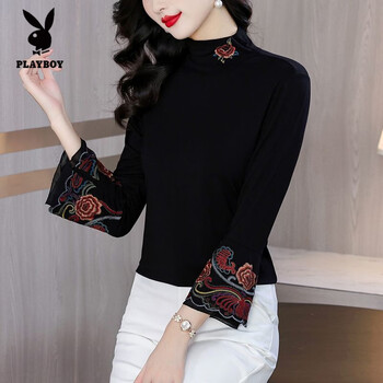 Playboy (playboy) ethnic style high elastic cotton embroidered fashionable bottoming shirt for women 2025 new high collar lace bottoming shirt versatile top black xl recommended 100-110 pounds