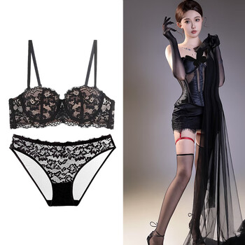 Victoria palace lace underwear for women with small breasts, push-up and secondary breasts, anti-sagging, soft steel ring, side-cushion, comfortable and sexy bra, black suit 70b/32