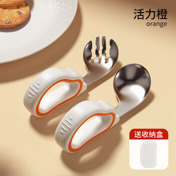 Mgxek german baby independent eating spoon learning to eat training one-year-old baby learning to eat children's stainless steel tableware spoon and fork stainless steel fork and spoon - vibrant orange (with storage box).