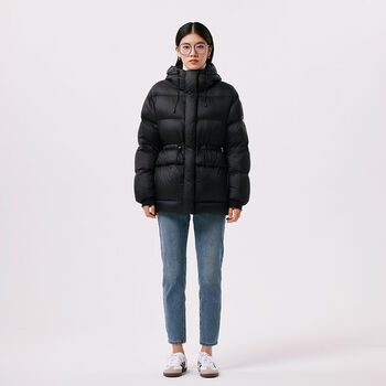 Qianrenggang (chericom) qianrenggang new winter goose down mid-length drawstring waist light hooded down jacket for women y299103y magic black 88005 s 160