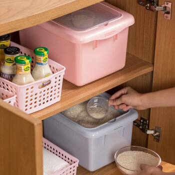 Camellia rice bucket rice storage box with lid kitchen supplies can hold flour blue - holds 20 pounds of rice