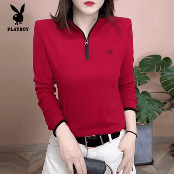 Playboy (playboy) new winter warm double-sided velvet embroidered bottoming shirt, fashionable and versatile, slim and velvet thickened top, red l, recommended 85-110 pounds