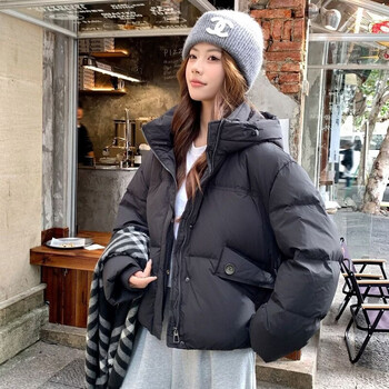 Woodpecker (tucano) 2025 new white duck down half placket shows temperament, fashionable, casual, fashionable, versatile hooded short winter down jacket, black l (120-160)
