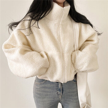 Hengyuanxiang lambswool stand collar zipper short cardigan jacket for women 2026 early spring new style loose lazy style thin style apricot m 80-105 catties