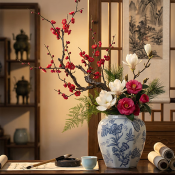 Qiju yaji ceramic vase light luxury chinese jingdezhen blue and white porcelain retro flower vessel cracked peony octagonal jar 12 inches 30015