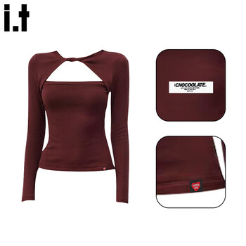 Chocoolate it women's design hollow twist t-shirt 2025 winter new style women's slimming layered long-sleeved top red s