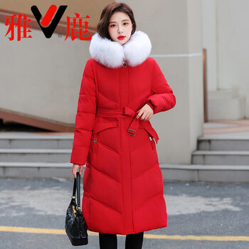 Yalu light thin 2026 down jacket women's medium long style thickened young and middle-aged slim big fur collar over the knee mom down jacket red white fur collar m _80-100 jin