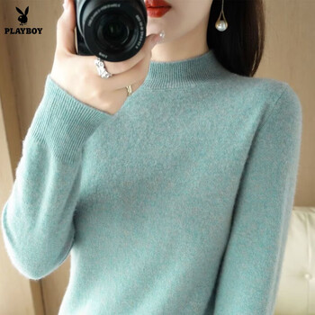Playboy (playboy) 2026 new half turtleneck bottoming shirt for women autumn and winter long-sleeved sweater pullover loose slimming knitted sweater official flagship grass green xl recommended 125-135 pounds