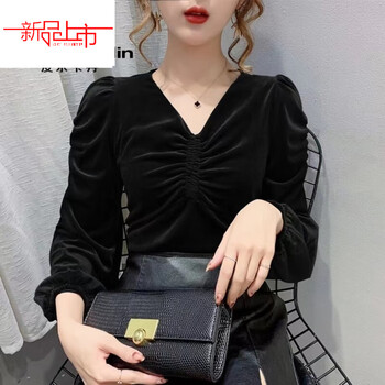 Pierre cardin v-neck bottoming shirt for women in spring, autumn and winter wear, with design sense, niche slimming, stylish gold velvet top t-shirt, black gold velvet top, this year's popular light luxury xl 115-130 pounds