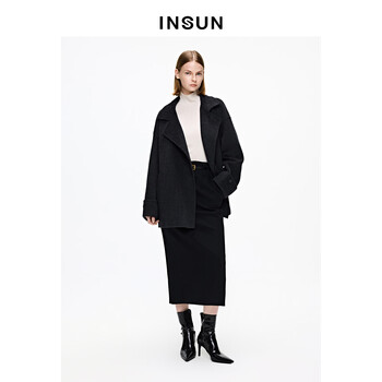 Insun merino wool enshang winter horn button double-faced cashmere short jacket dark gray l
