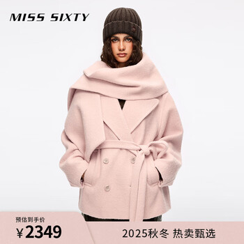Miss sixty2025 new winter sheep wool woolen coat for women with scarf and temperament belt retro loose light pink xs
