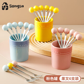 Sungsa304 stainless steel fruit fork household food grade fruit fork set storage jar children student fruit picks gradient powder fruit fork jar + 6 pcs 304 fruit fork