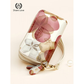 Cowhide key bag for women, large capacity, multifunctional coin purse, double zipper hand bag, small, simple, new style, genuine leather, white peach pattern - short style