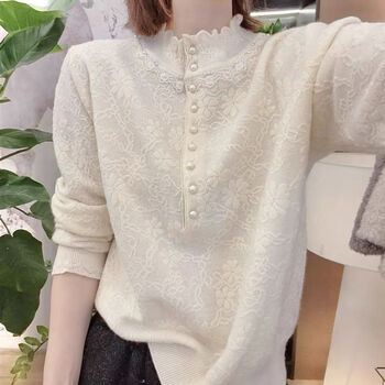 High-end quality autumn and winter half turtleneck lace beading loose age-reducing slimming knitted bottoming shirt for women white knitted sweater counter quality m 80-120 pounds