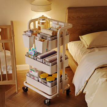 Fantasy trolley storage rack kitchen floor-standing bedroom multi-layer baby snacks mobile bathroom toilet storage storage rack 2 large storage baskets 3 small storage baskets 2 small hanging buckets 1 sticker storage basket height 80mm 4 layers total height 122cm