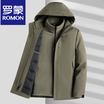 Romon jacket down jacket men's removable liner three-in-one plus velvet thickening warm middle-aged and elderly dad jacket khaki m 170 90-110 jin wear